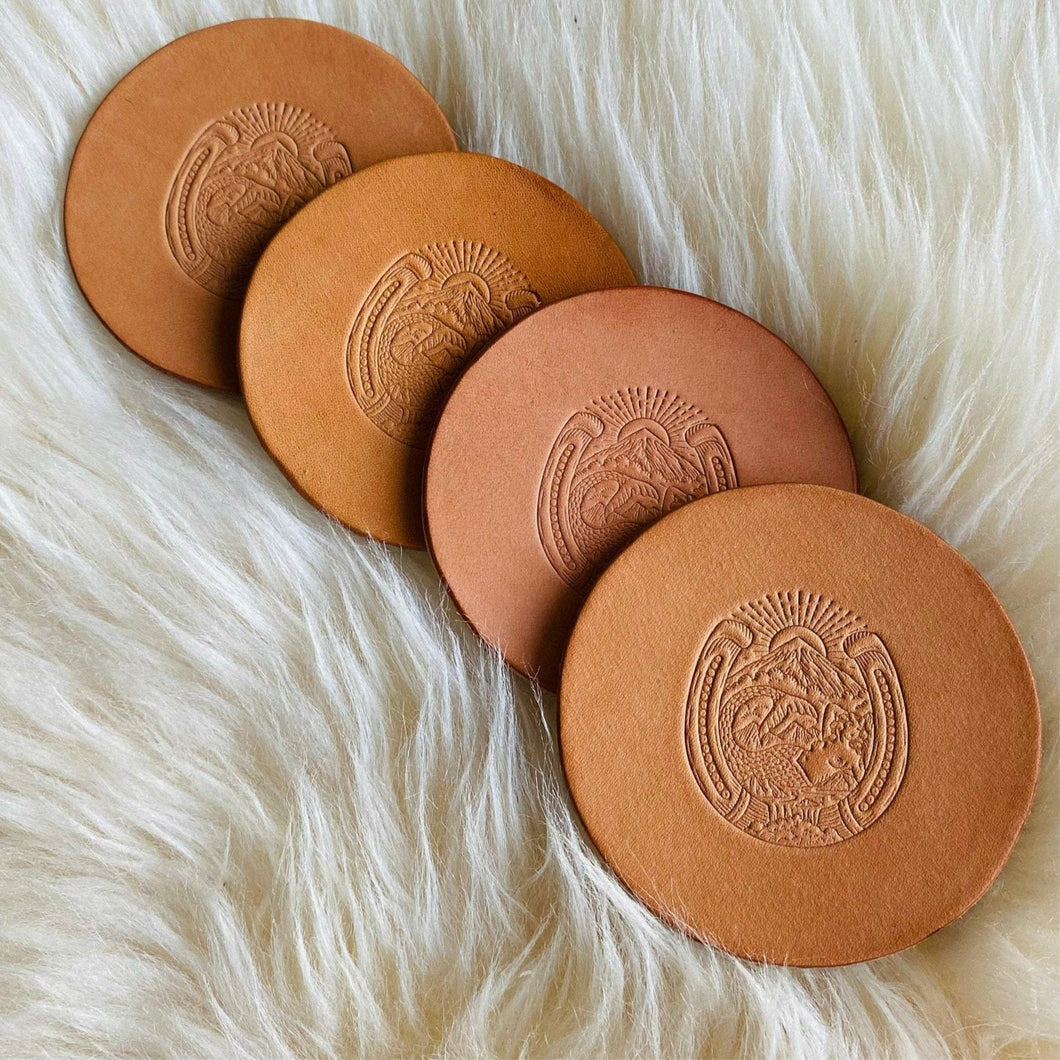 Leather Coaster Set - Hand Pressed Mermaid Design with Pendleton Wool Bottom
