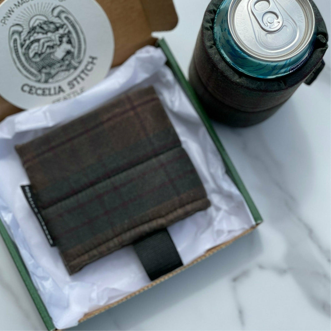 Waxed Canvas Can Cooler - Buffalo Check or Olive Plaid