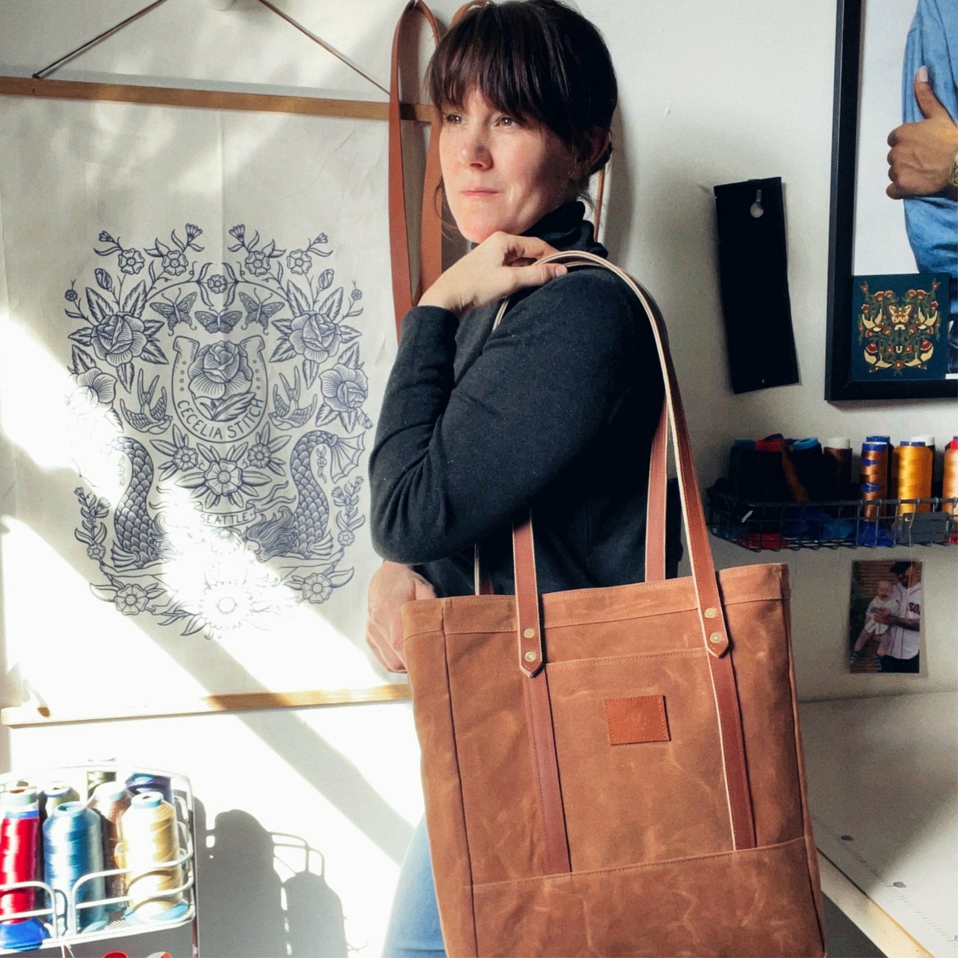 Thatcher Tote - Waxed Canvas & Leather – Cecelia Stitch